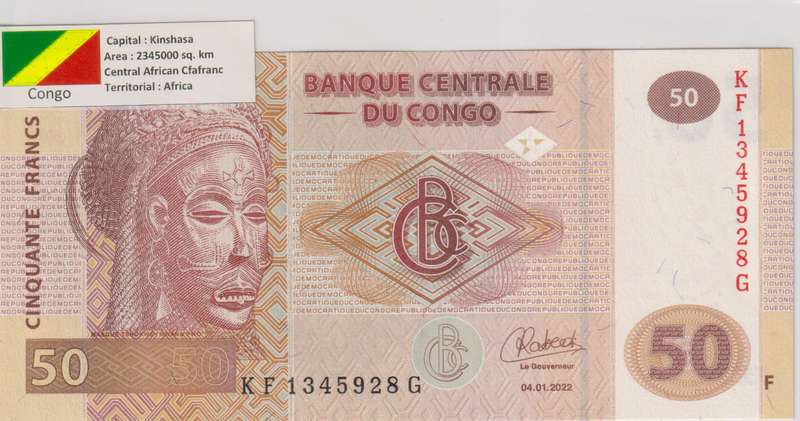 Congo Democratic Republic 50 Francs 2022, P-97 UNC  with country information sticker