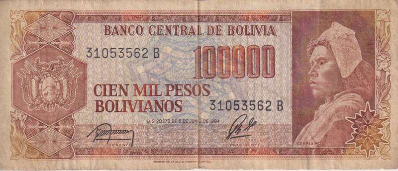 BOLIVIA 100,000 Pesos  1984  P171 VF