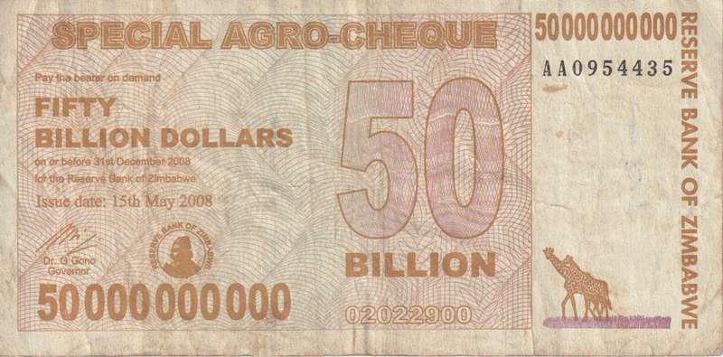 ZIMBABWE 50 BILLION DOLLARS AGRO CHEQUE P63 2008 VF