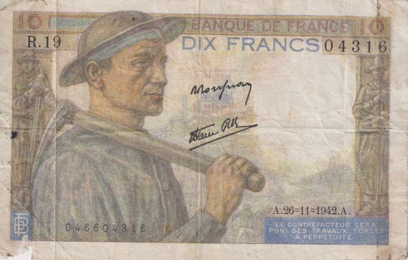 FRANCE 10 FRANCS 26.11.1942 P99e VG