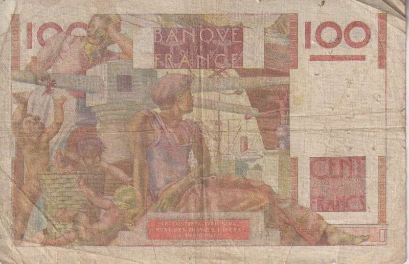 FRANCE 100 FRANCS 1948 P128b F (pin holes)