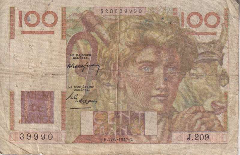 FRANCE 100 FRANCS 1948 P128b F (pin holes)