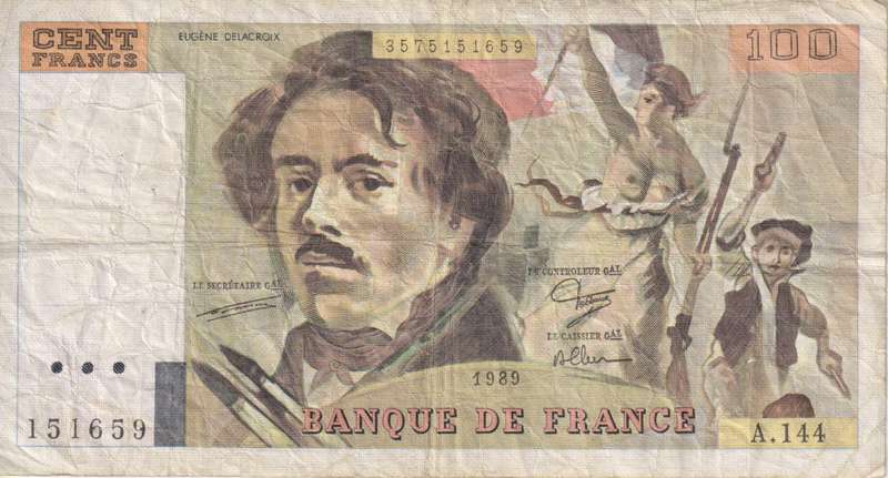 FRANCE 100 FRANCS Delacroix 1989 P154 VF (pin holes)