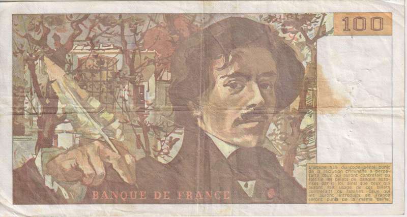 FRANCE 100 FRANCS Delacroix 1985 P154 VF (pin holes)