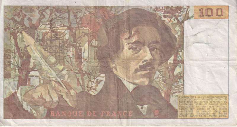 FRANCE 100 FRANCS Delacroix 1987 P154 VF (pin holes)