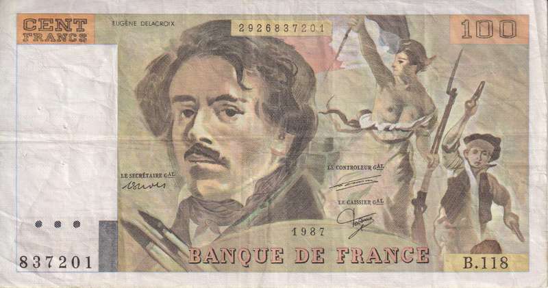 FRANCE 100 FRANCS Delacroix 1987 P154 VF (pin holes)