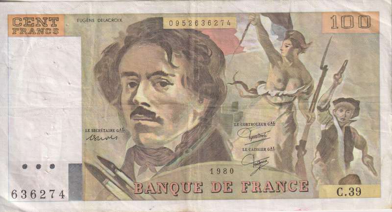 FRANCE 100 FRANCS Delacroix 1988 P154 VF (pin holes)