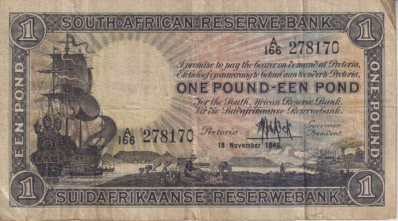 UNION OF SOUTH AFRICA - 1 POND M.H. de Kock A/166 1946 #107 7F