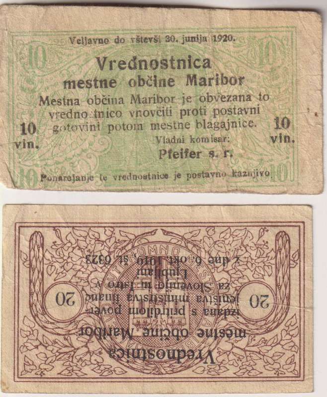2 x Slovenia Maribor 10 & 20 Vin 1919 Emergency Issues