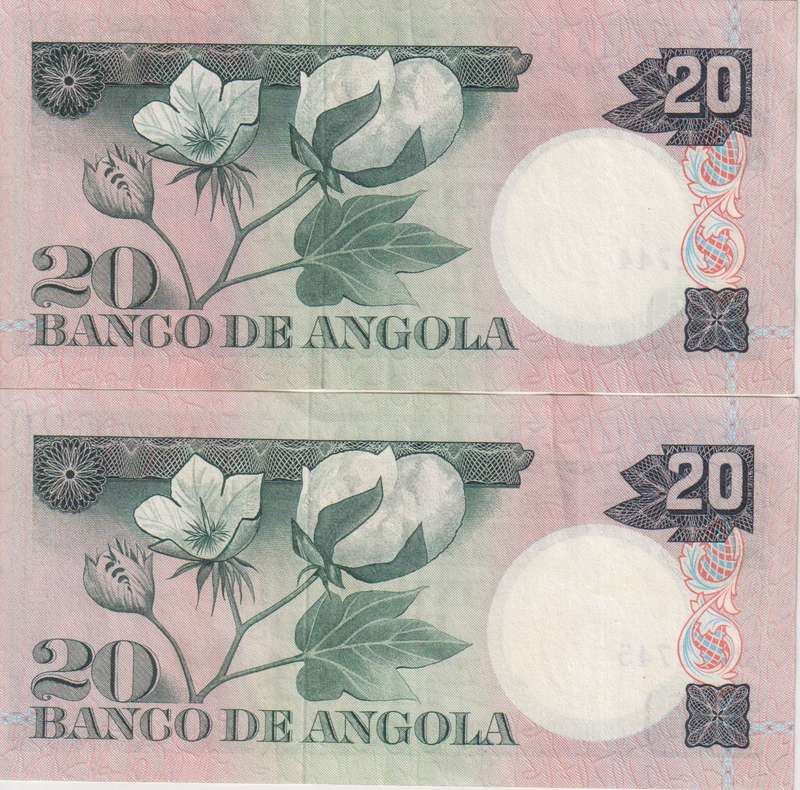 2X ANGOLA 20 ESCUDOS 1973 P104 XF CONSECUTIVE NUMBERS