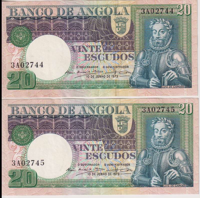 2X ANGOLA 20 ESCUDOS 1973 P104 XF CONSECUTIVE NUMBERS