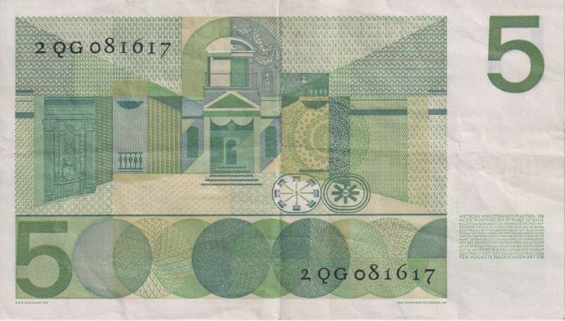 NETHERLANDS 5 GULDEN 1966 P90a VF
