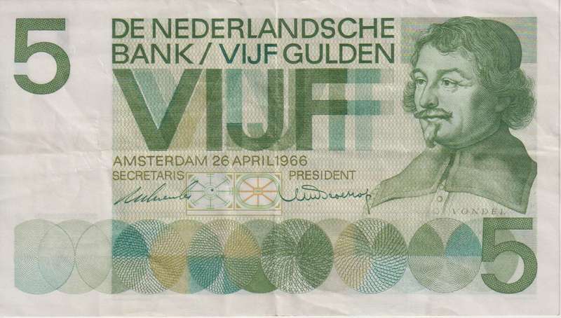 NETHERLANDS 5 GULDEN 1966 P90a VF
