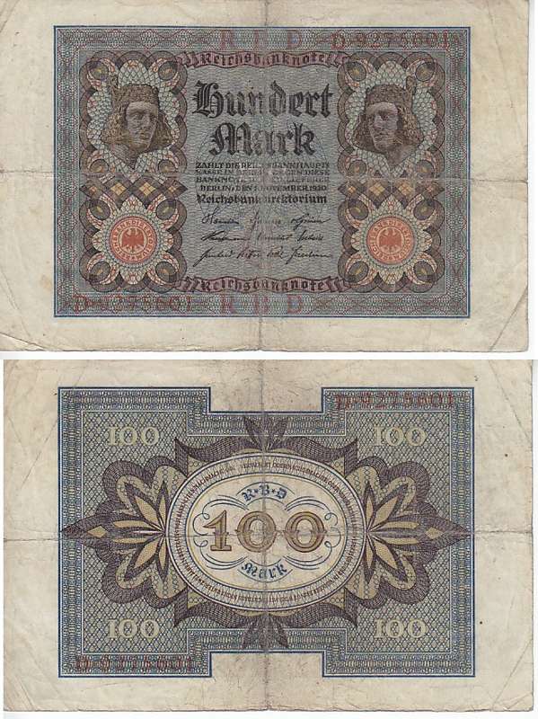 GERMANY 100 REICHBANKNOTE 1920 P69  F (USED)