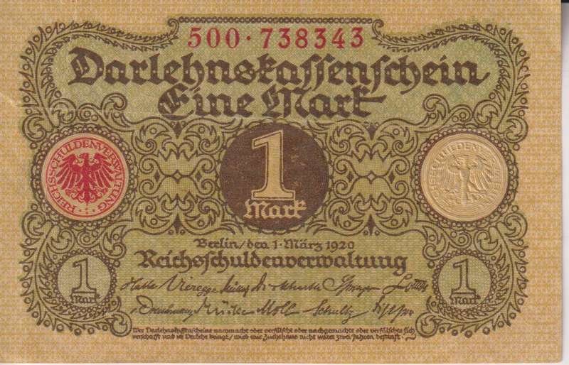 GERMANY  1 Mark (Darlehnskassenschein) 1920 P58 XF