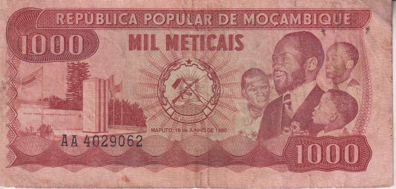MOZAMBIQUE  1000 METICAIS - P128 - 1980 VF AA Serial no
