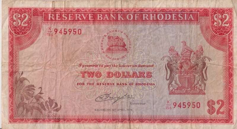 RHODESIA 2 DOLLARS 10 APRIL 1979 BIRD WATERMARK P39  F