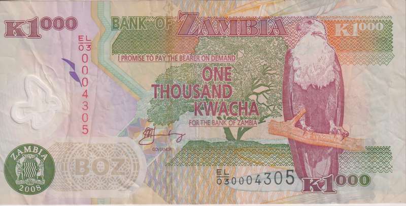 ZAMBIA 1000 Kwacha 2008 P44f  VF