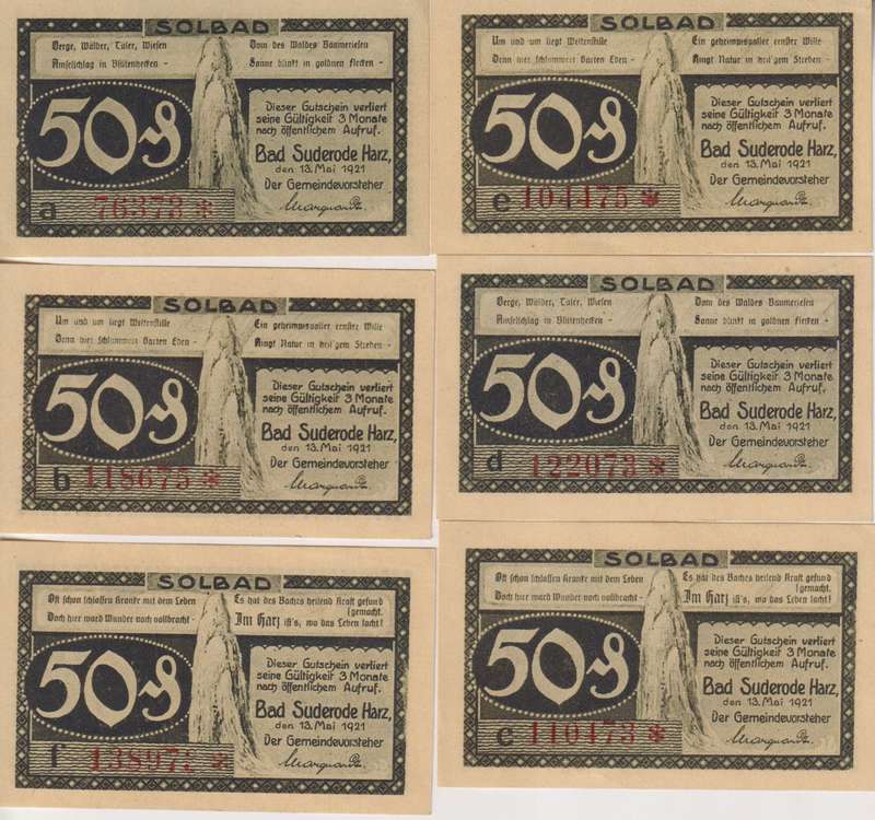 Germany NOTGELD (EMERGENCY MONEY - NOOD GELD)  Bad Suderode SET OF 6