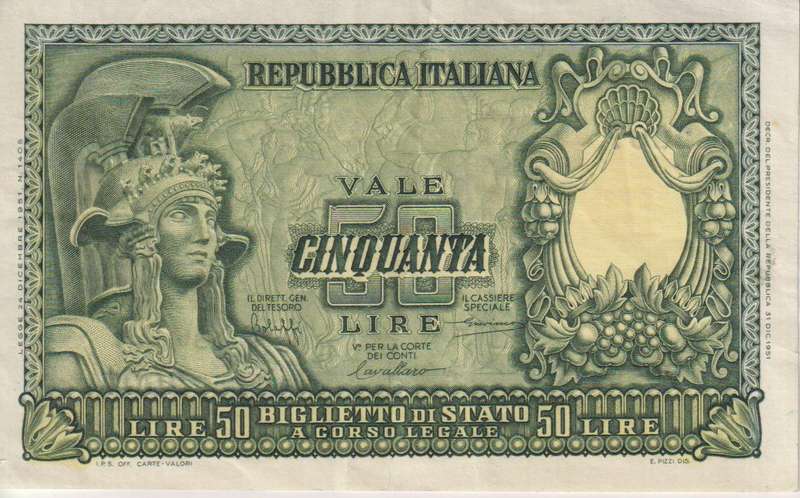 Italy 50 Lire, 1951 (Italy with helmet) P91  F