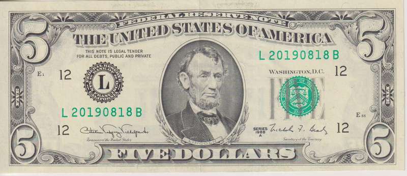 United States of America 5 Dollar 1988 P481 (Birthday Serial number 2019 08 18)  XF