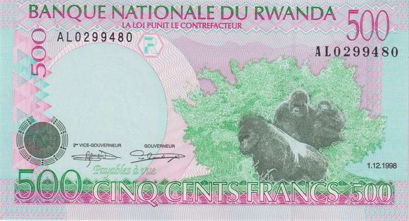 Rwanda 500 FRANCS 1998 P26 UNC (GORILLAS)