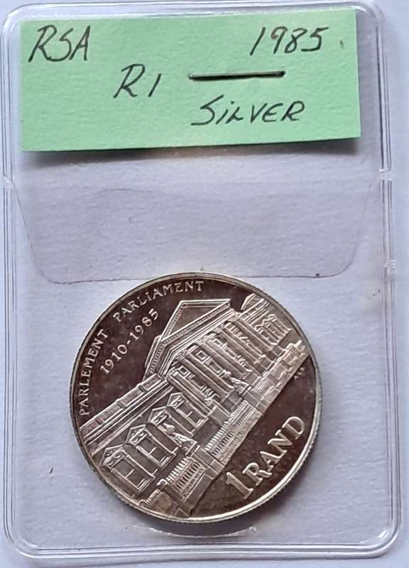 SOUTH AFRICA - 1 RAND 1985 SILVER - PARLIAMENT COMMEMORATIVE 1910-1985