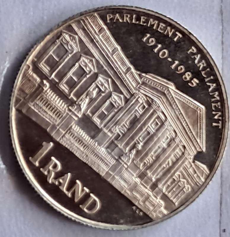 SOUTH AFRICA - 1 RAND 1985 SILVER - PARLIAMENT COMMEMORATIVE 1910-1985