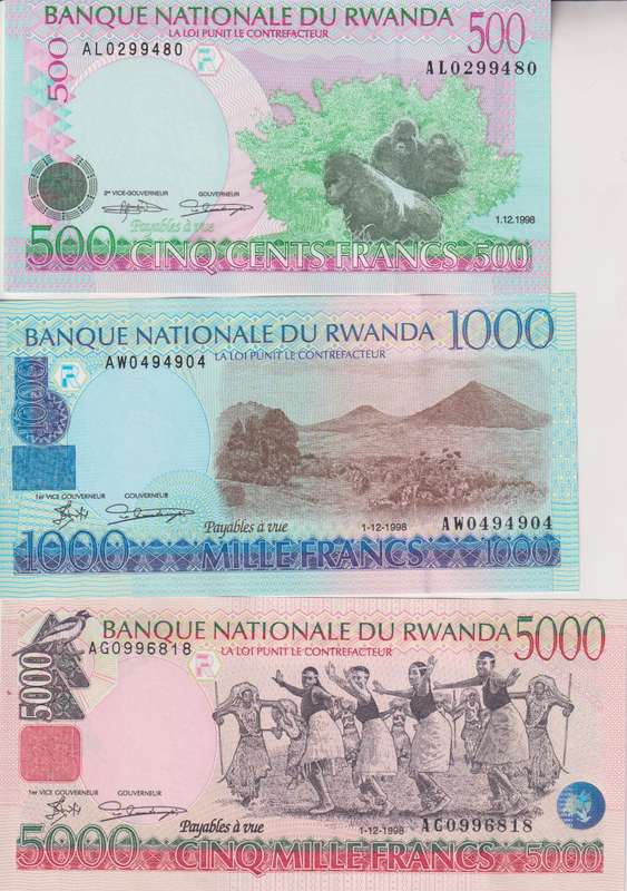 Rwanda 500, 1000, 5,000 Francs 3 Pieces Set 1998 P26, p27, p28 UNC