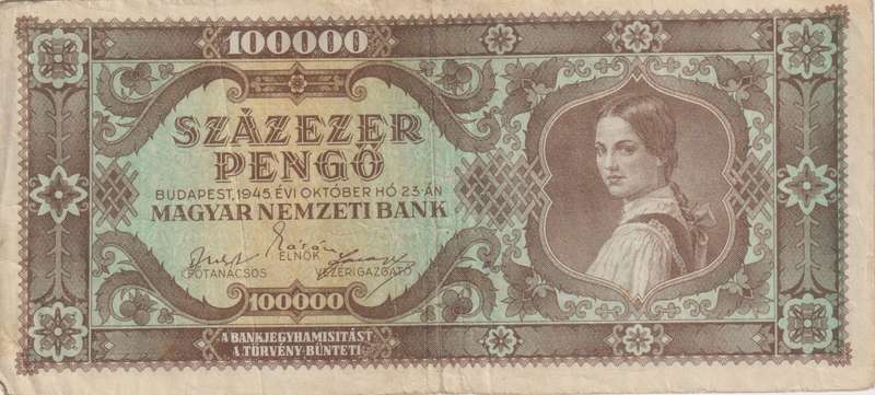 WW2 - HUNGARY 100,000 PENGO  1945 P121  VF