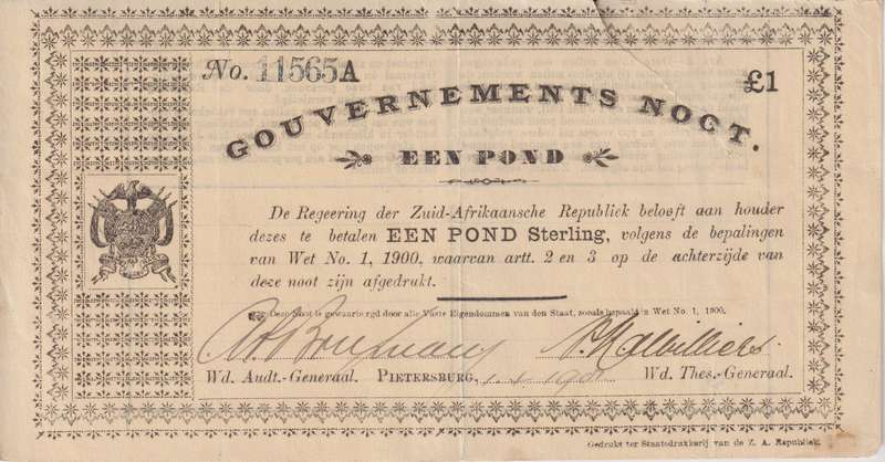 ZAR GOUVERMENTS NOTES - PIETERSBURG £ 1  - 1901 - ZAR 15 - 11565A  - TEAR - CONDITION AS PER SCANS