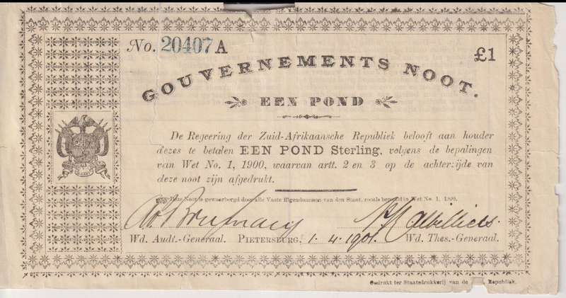 ZAR GOUVERMENTS NOTES - PIETERSBURG £ 1 - 1901 - ZAR 15 - 20407A  - TEAR - CONDITION AS PER SCANS