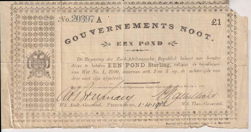 ZAR GOUVERMENTS NOTES - PIETERSBURG £ 1 - 1901 - ZAR 15 - 20397A - TEAR - CONDITION AS PER SCANS