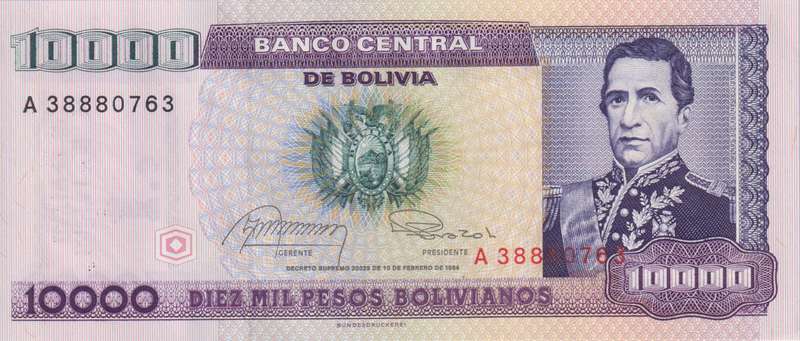 BOLIVIA 10,000 PESOS 1984 P169 UNC