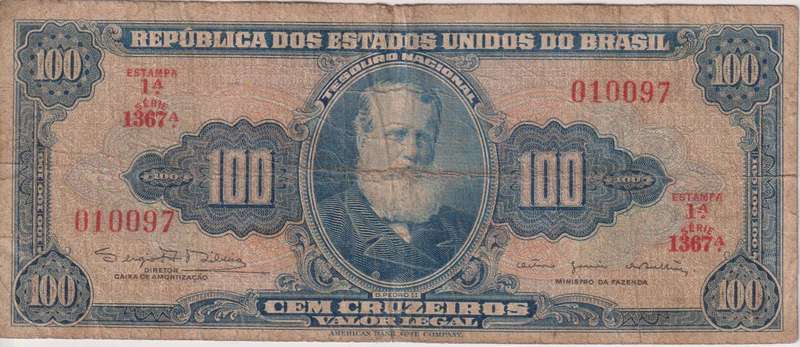 BRAZIL 100 CRUZEIROS 1964  P170  F