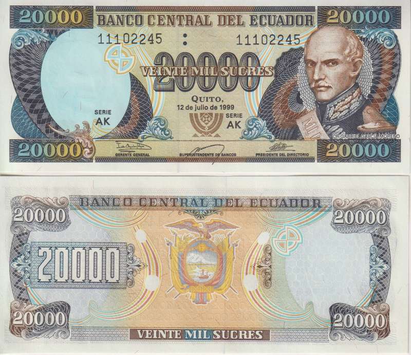 Ecuador 20,000 Sucres 12 July 1999 P-129, Serie AK UNC