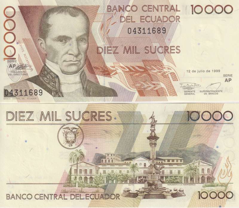 ECUADOR 10000 SUCRES 12-7-1999  P-127, SERIE AP UNC