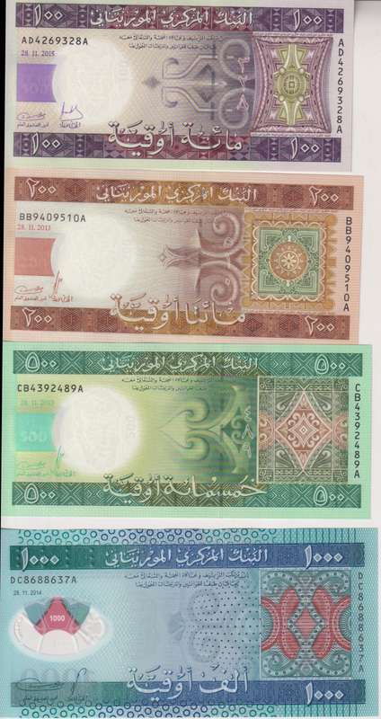 Mauritania 4 Pcs Set, 100 200 500 1000 Ouguiya 2013 2014 2015 P-16 17 18 19 UNC