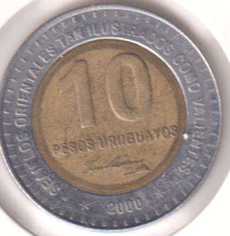 URUGUAY 10 PESOS 2000 IN COIN FLIP