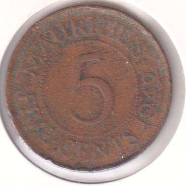 MAURITIUS 5 CENTS  1942 - IN COIN FLIP