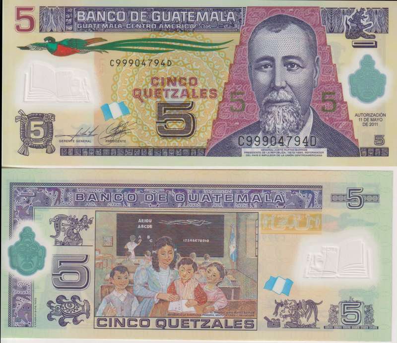 Guatemala 5 Quetzales 2011 P-122b  Polymer UNC
