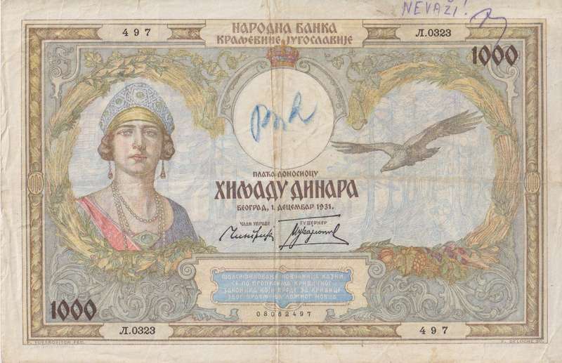 YUGOSLAVIA 1000 DINARA 1931 P29 VF