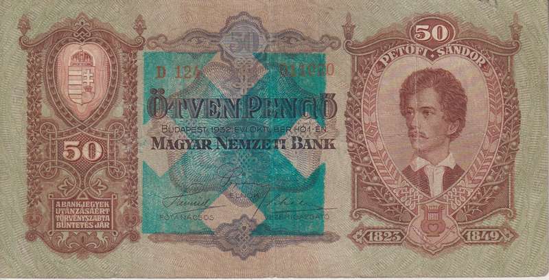 HUNGARY 50 PENGO 1932 P99 VF with Overprint
