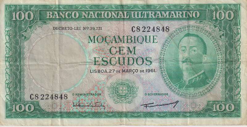 Mozambique 100 Escudos 1961 P119 VF (WITHOUT OVERPRINT)