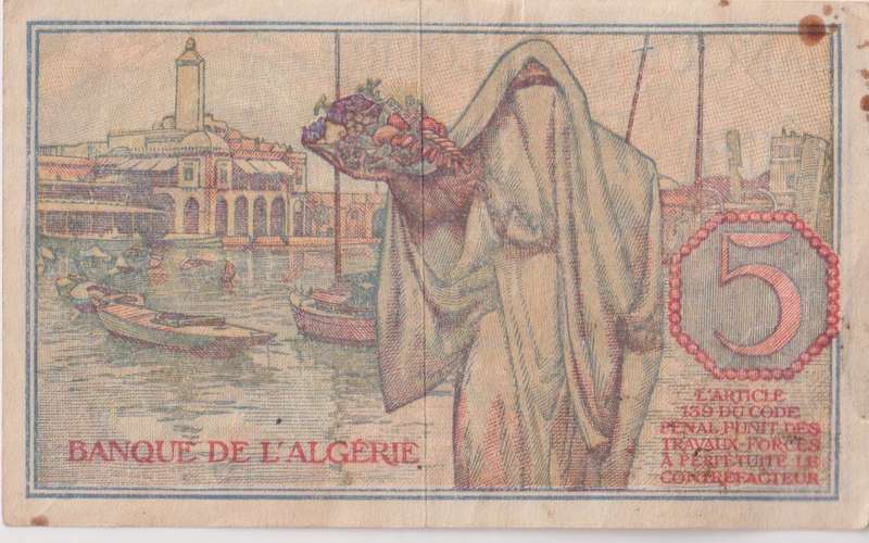 ALGERIA 5 FRANCS 1944  P94 VF