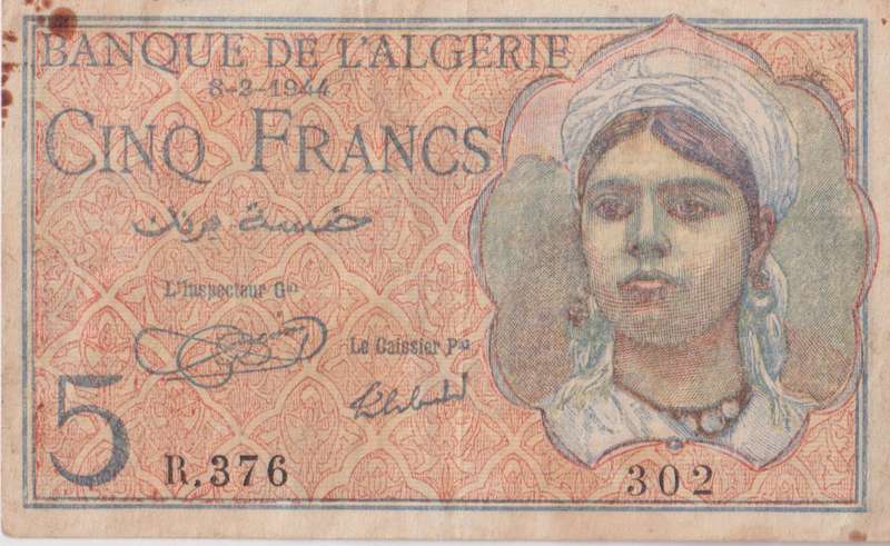 ALGERIA 5 FRANCS 1944  P94 VF