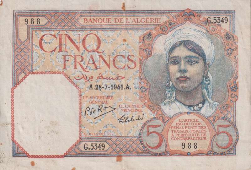 ALGERIA 5 FRANCS 1941  P77  F