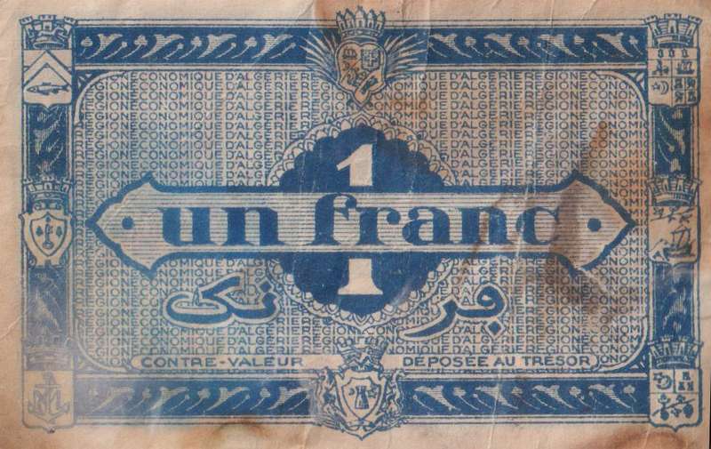 Algeria 1 Franc 1944 - 1949 P-98 RARE TUNISIA ALGERIE TUNISIE F-CONDITION
