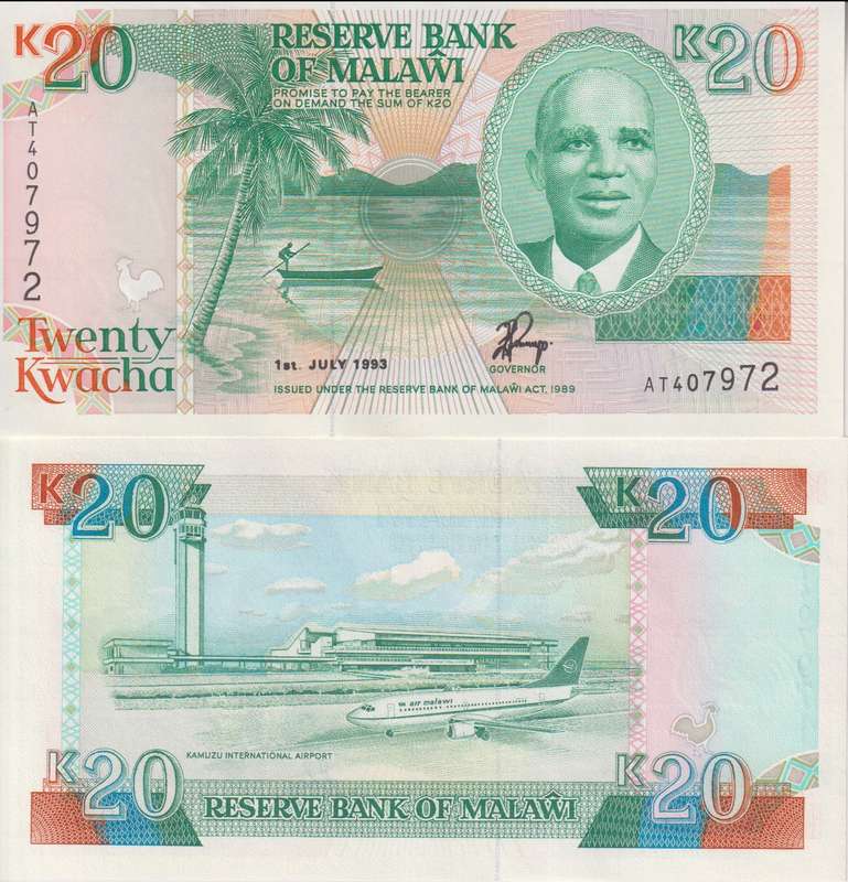 MALAWI 20 KWACHA 1993 P27 UNC