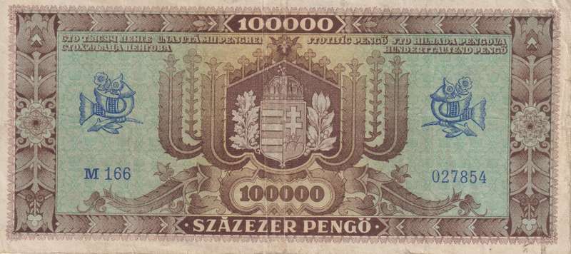 WW2 - HUNGARY 100,000 PENGO  1945 P121  VF